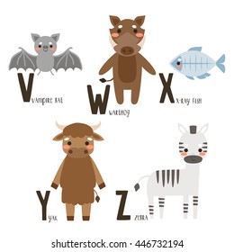 alphabet set with cute cartoon animals. letters v from z to. cute vampire bat, warthog, x ray fish, yak and zebra on white background