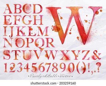 Alphabet set drawn watercolor blots and stains with a spray red color. Vector