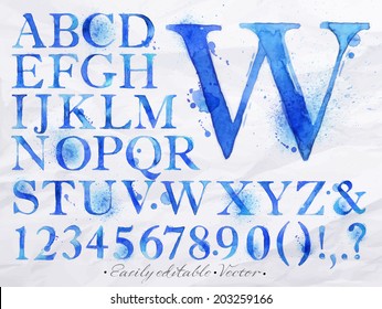 Alphabet set drawn watercolor blots and stains with a spray blue color. Vector