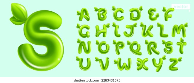 Alphabet set. Eco signs with green leaves. 3D realistic and cartoon balloon style. Glossy vector illustration. Perfect for agriculture banners, vibrant adv, waste recycling art, healthy food packaging