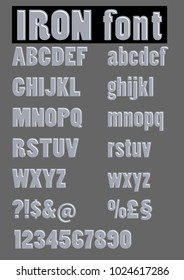 Alphabet set in embossed iron design, metallic letters, numbers and other characters, question mark, currency symbole, uppercase and lowercase letters