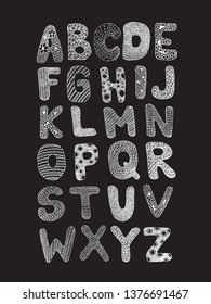Alphabet set. English abs composition. letters with dots. Hand written text. black and white background. Original Hand made font drawing in easy style