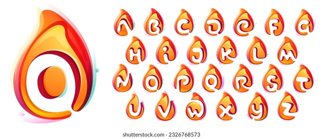 Alfabeto incendiado. Espacio negativo iconos 3D realistas. Iniciales vibrantes en el estilo de acuarela superpuesto. Fuente de acuarela vectorial para etiquetas de peligro, afiches de advertencia, identidad deportiva.