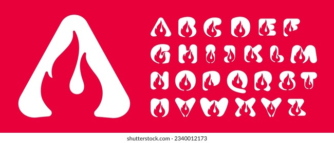 Alphabet set with fire flames. Negative space vintage icons. Burning fast speed emblems. Vector for sport team wear, danger race posters, victory identity, camping labels, motorcycle customize company