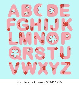 Alphabet set with flowers. ABC pink vector letters. Fun alphabet design, vector illustration