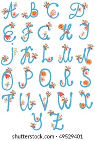 Alphabet set with flowers and dragonflies