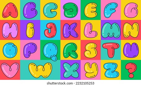 Alphabet-Set. Hübsch kindische Schriftart. Überschneidung mit mehrfarbigem Hintergrund. Ideal für farbenprächtige Anwendungen, Street Art Design, helle Werbung, Spielzeugverpackung, multimediale Identität.