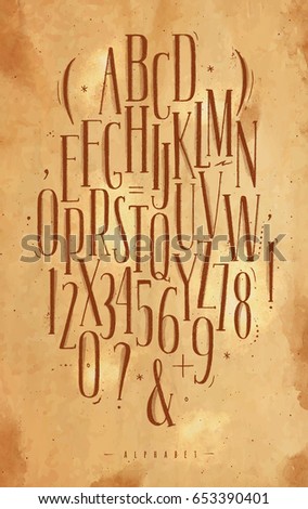 Alphabet set gothic font in vintage style drawing with brown on craft background