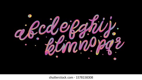 Alphabet set of iridescence holographic and multicolor 3d letters isolated on black background for poster, flyer, banner or design element. Psychedelic color typography. Vector.