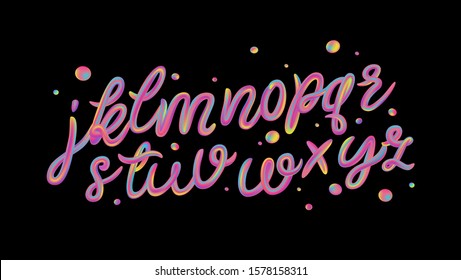 Alphabet set of iridescence holographic and multicolor 3d letters isolated on black background for poster, flyer, banner or design element. Psychedelic color typography. Vector.