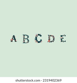 alphabet set lettering A B C D E with flowers