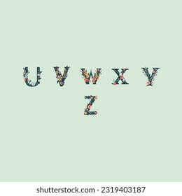 alphabet set lettering U V W X Y Z with flowers
