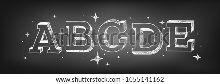 Alphabet set with letters A, B, C, D, E. Hand drawn alphabet drawing with chalk on chalkboard background. Vector illustrations. 