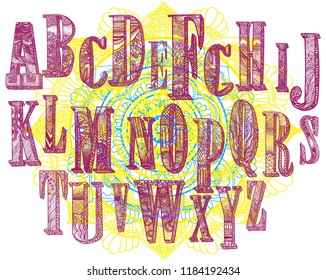 Alphabet. set of letters.
 Dudling drawing, mandala. Alphabet in the style of dudling, letters of the alphabet. Drawing from the hands, points, waves, scales.