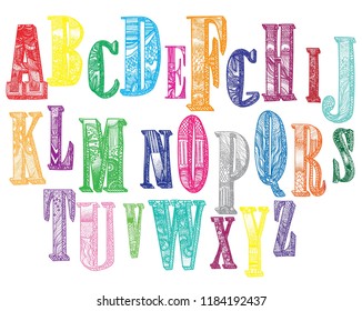 Alphabet. set of letters.
 Dudling drawing, mandala. Alphabet in the style of dudling, letters of the alphabet. Drawing from the hands, points, waves, scales.