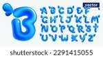 Alphabet set made of blue clear water and dew drops. 3D realistic plastic cartoon balloon style. Glossy vector illustration. Perfect for eco-friendly banners, vibrant emblem, healthy food art.