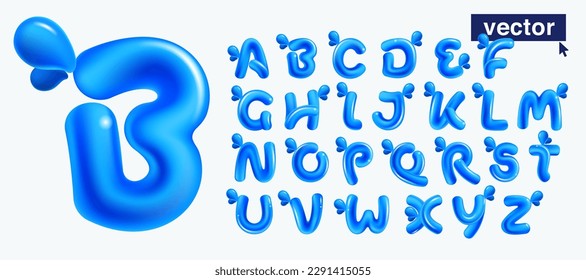 Alphabet set made of blue clear water and dew drops. 3D realistic plastic cartoon balloon style. Glossy vector illustration. Perfect for eco-friendly banners, vibrant emblem, healthy food art. svg