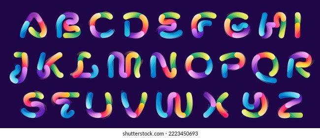Alphabet set made of overlapping colorful lines. Rainbow vivid gradient modern icons. Vector one line typeface for tech branding design, nightlife labels, multimedia posters, futuristic identity etc.