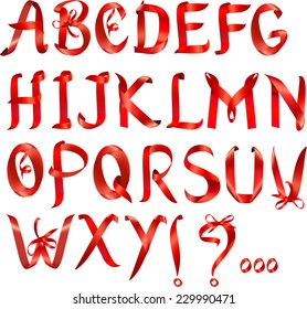 Alphabet set made of red ribbons, vector graphic