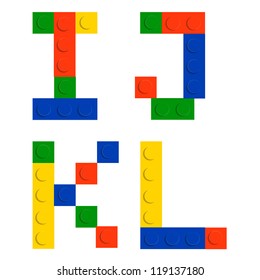 Alphabet set made of toy construction brick blocks isolated on white