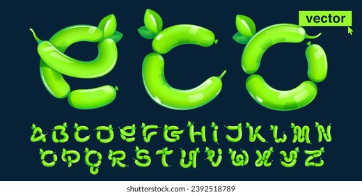 Conjunto de alfabetos hechos de globos retorcidos. Rentabilidad 3D ecológica con hojas verdes. Elementos vectores al estilo de las caricaturas. Banner perfecto para la naturaleza, etiquetas de comida saludable, arte en el jardín y adv de hierba.
