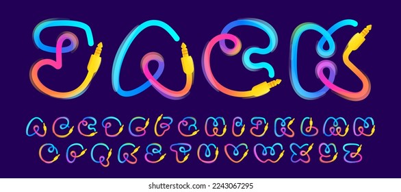 Alphabet set made of vivid gradient line wires with mini jacks icons and rainbow shine. Overlapping multicolor emblems. Ideal for music app, audio design, DJ identity, technology advertising.