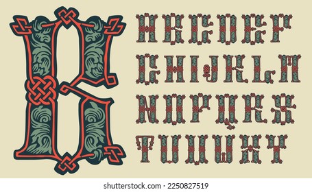 Alphabet set in medieval knots lines style. Dim colored drop cap. Engraved barbarian emblem. Vintage illuminated initials. Perfect for vintage premium identity, Celtic posters, luxury packaging. - Shutterstock ID 2250827519