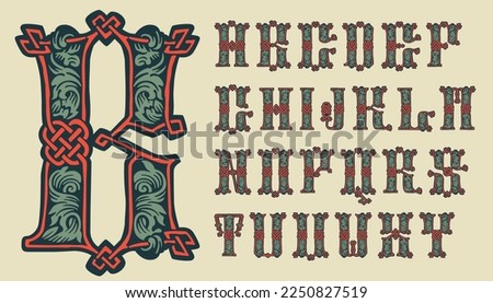 Alphabet set in medieval knots lines style. Dim colored drop cap. Engraved barbarian emblem. Vintage illuminated initials. Perfect for vintage premium identity, Celtic posters, luxury packaging.