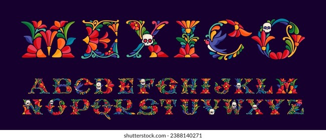 Alphabet set with Mexican colorful and ornate ethnic pattern. Traditional Aztec leaves and flowers embroidery ornament. Vector design template for folk Spanish food, holidays, carnival, and party.