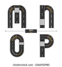 Alphabet in a set M,N,O,P, road with white and yellow line markings on white background