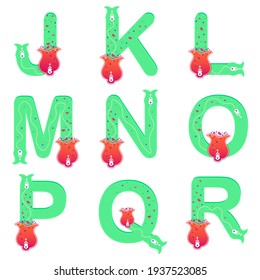 Alphabet set. Nature theme floral alphabet. Uppercase letters with magical tulip butterflies and patterns. Turquoise green characters. Illustration stock. Spring lettering collection.