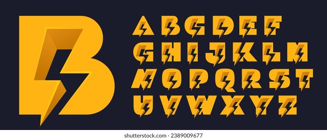Alphabet set with negative space lightning. Flash vector monogram. Electric bolt logos. Perfect type for energy labels, superhero t-shirt print, rock music posters, delivery art, electromobile adv.
