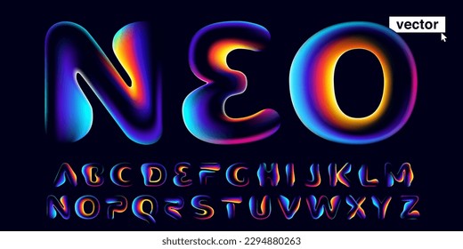 Alphabet set with neon glitch. Multicolor gradient signs with double exposure and illusion effect. Glowing color shift vector icon. Perfect for your vibrant heading, video game screens, Sale banner.