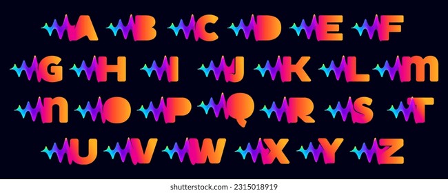 Alphabet set with pulse music player elements. Vibrant sound wave flow line and glitch effect. Neon gradient icon. Vector template for techno store, electronic music, audio equalizer, DJ posters.