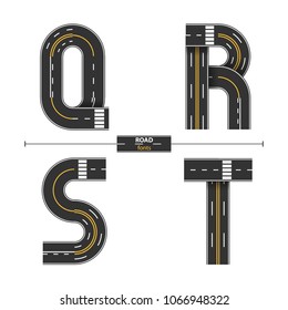 Alphabet in a set Q,R,S,T, road with white and yellow line markings on white background