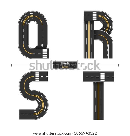 Alphabet in a set Q,R,S,T, road with white and yellow line markings on white background