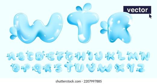 Alphabet set in realistic 3D and cartoon balloon style. Pure water logos. Glossy eco blue vector illustration. Perfect for watercolor splash banners, organic emblems, healthy food packaging design.