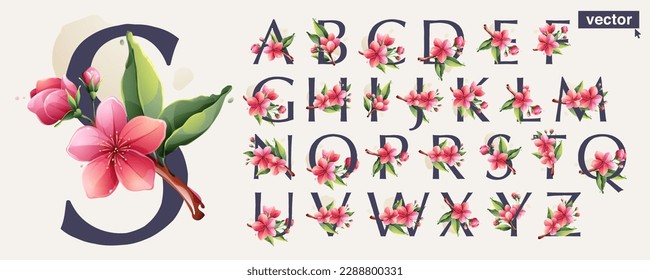 Alphabet set with Sakura blooming flowers. Vector realistic watercolor style. Pink cherry petals, bud, branch, and green leaves. Perfect for wedding invitations, greeting cards, Mother's Day posters.