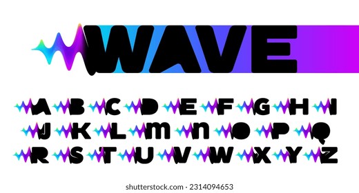 Conjunto de alfabetos con ondas sonoras fluyen. Efecto de desperfecto de línea vibrante. Icono de degradado de neón multicolor. Fuente vectorial para la etiqueta de audio, publicidad multimedia de la empresa, afiches para DJ, pantallas de juego, identidad musical.