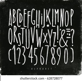 Alphabet set straight lines font in vintage style drawing with chalk on chalkboard background