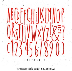 Alphabet set straight lines font in vintage style drawing with red lines on white background