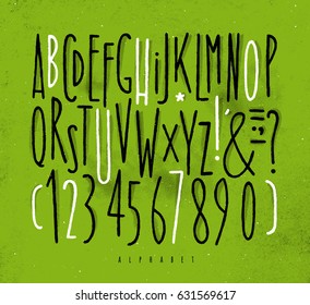 Alfabeto establece líneas rectas en dibujo de estilo vintage con líneas en blanco y negro sobre fondo verde sucio