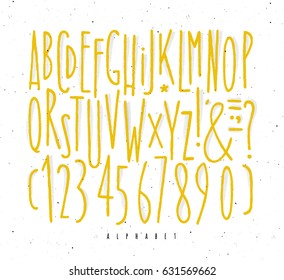 Alphabet set straight lines font in vintage style drawing with yellow lines on white background