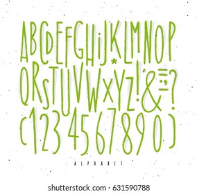 Alphabet set straight lines font in vintage style drawing with green lines on white background
