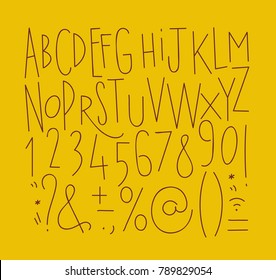 Alphabet set straight lines font in vintage style drawing with brown lines on mustard background