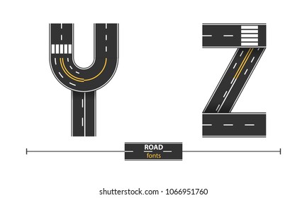 Alphabet In A Set Y,Z, Road With White And Yellow Line Markings On White Background