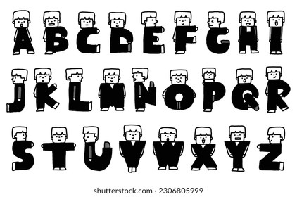 Alphabet shaped comical boy illustration set