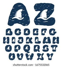 Alphabet with shark's fin. Hand drawn monochrome vintage nautical style. Perfect for clothing labels, apparel print, retro posters etc.