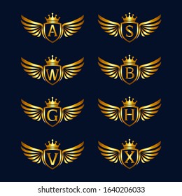 Alphabet with shield and wings logo collections