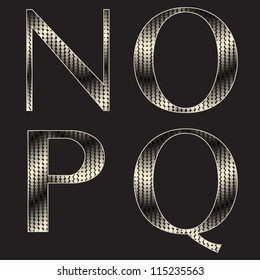 Alphabet with shiny texture. Stylized snake skin. Holiday font ( n o p q )